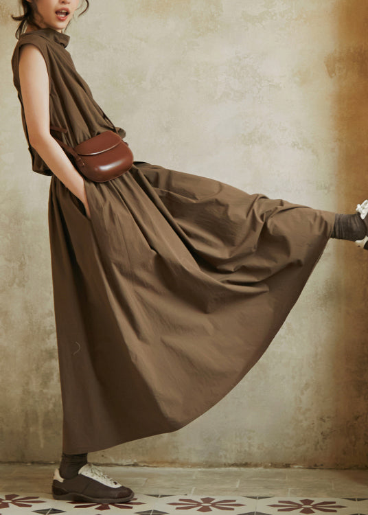 Fashion Grey Lace Up Pockets Cotton Dress Sleeveless