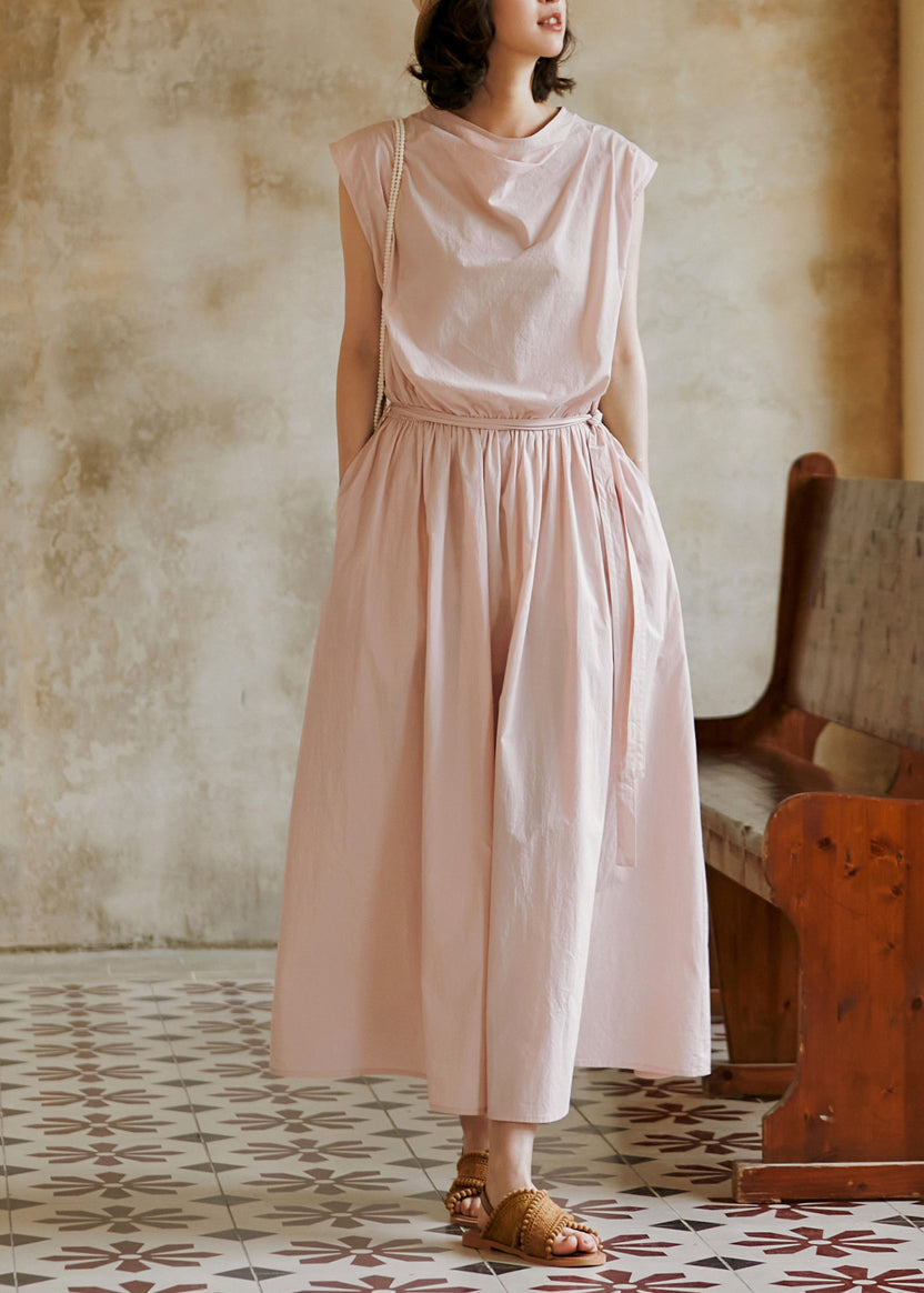 Fashion Grey Lace Up Pockets Cotton Dress Sleeveless