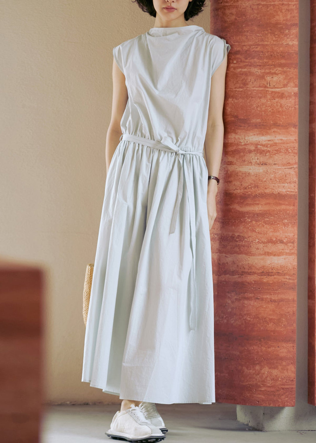 Fashion Grey Lace Up Pockets Cotton Dress Sleeveless