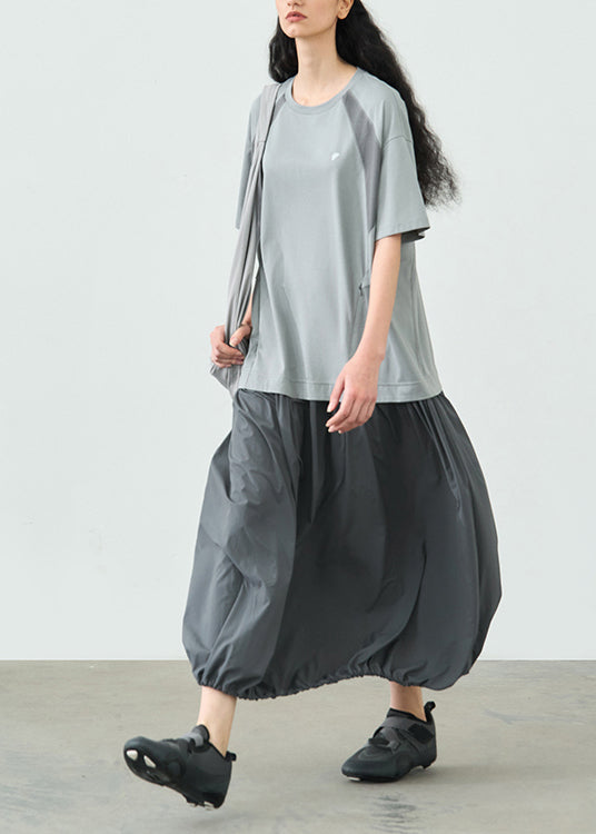 Fashion Grey O Neck Patchwork Cotton Long Dresses Summer