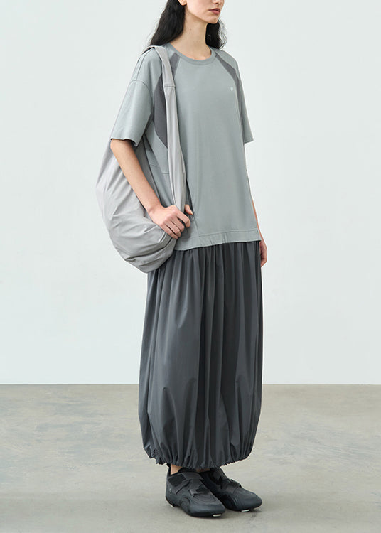 Fashion Grey O Neck Patchwork Cotton Long Dresses Summer