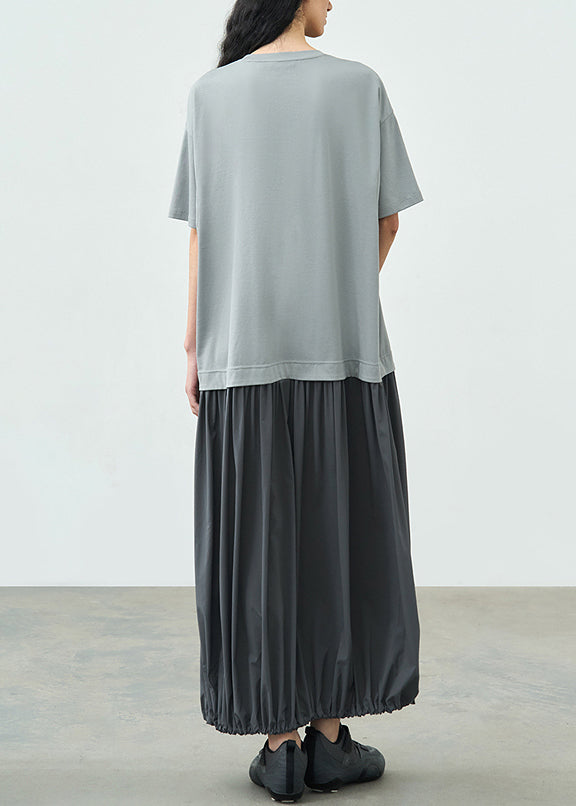 Fashion Grey O Neck Patchwork Cotton Long Dresses Summer