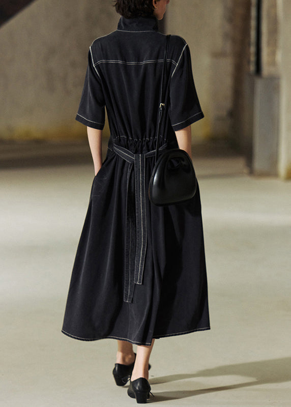 Fashion Grey Stand Collar Lace Up Patchwork Denim Dress Summer