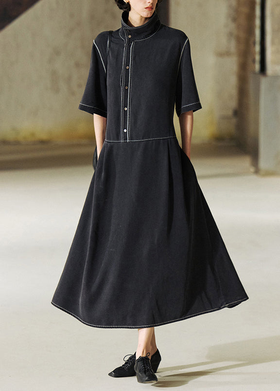 Fashion Grey Stand Collar Lace Up Patchwork Denim Dress Summer