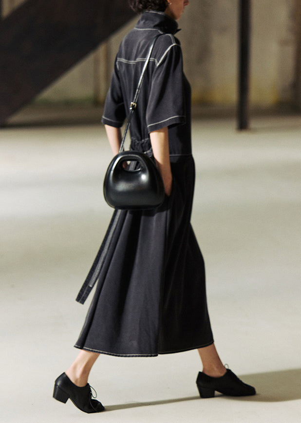 Fashion Grey Stand Collar Lace Up Patchwork Denim Dress Summer