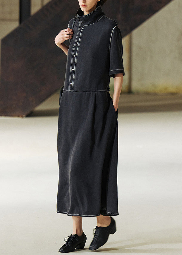 Fashion Grey Stand Collar Lace Up Patchwork Denim Dress Summer