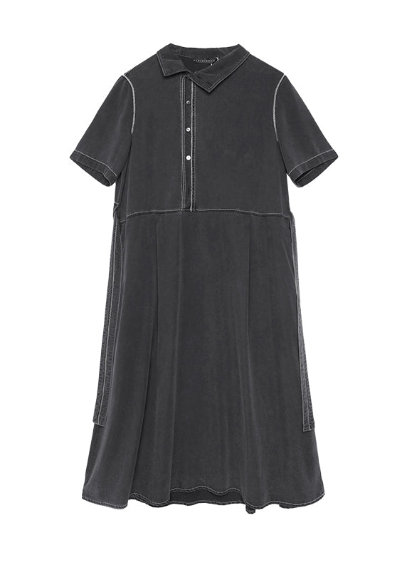 Fashion Grey Stand Collar Lace Up Patchwork Denim Dress Summer