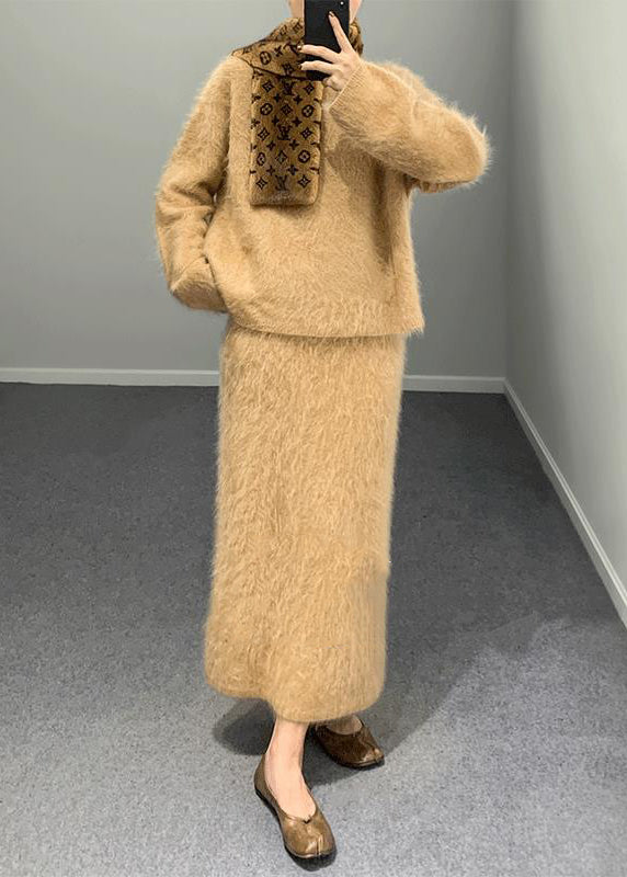 Fashion Khaki O Neck Woolen Two Piece Set Outfits Winter