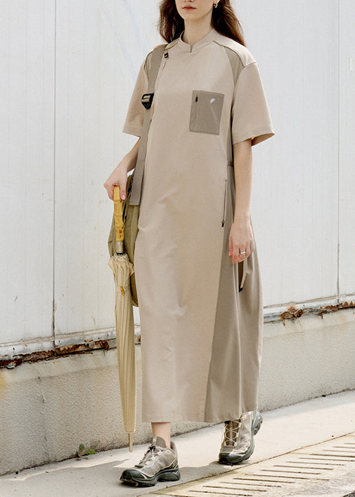 Fashion Khaki Stand Collar Pockets Patchwork Cotton Dress Summer