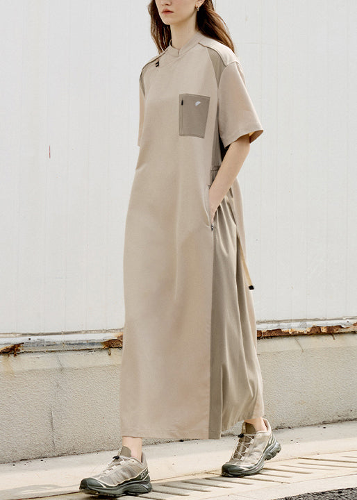 Fashion Khaki Stand Collar Pockets Patchwork Cotton Dress Summer