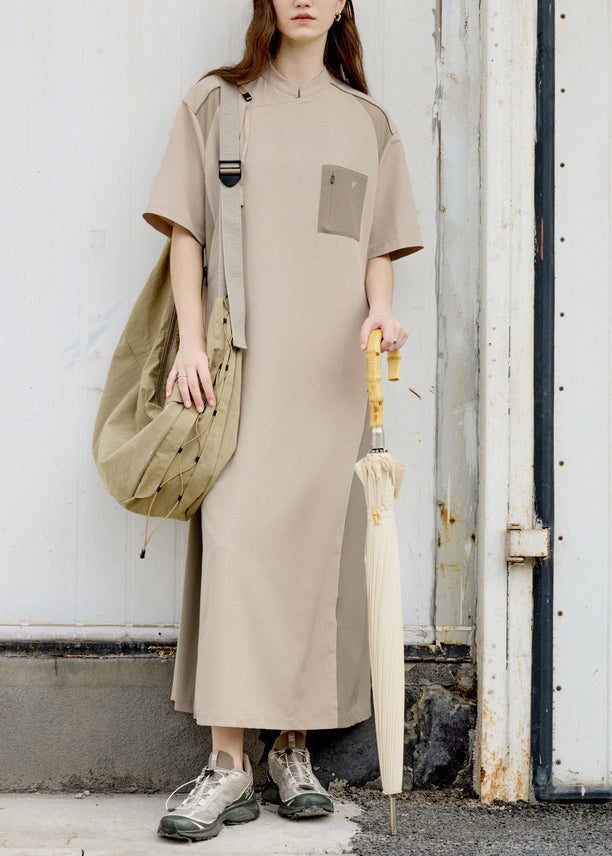 Fashion Khaki Stand Collar Pockets Patchwork Cotton Dress Summer