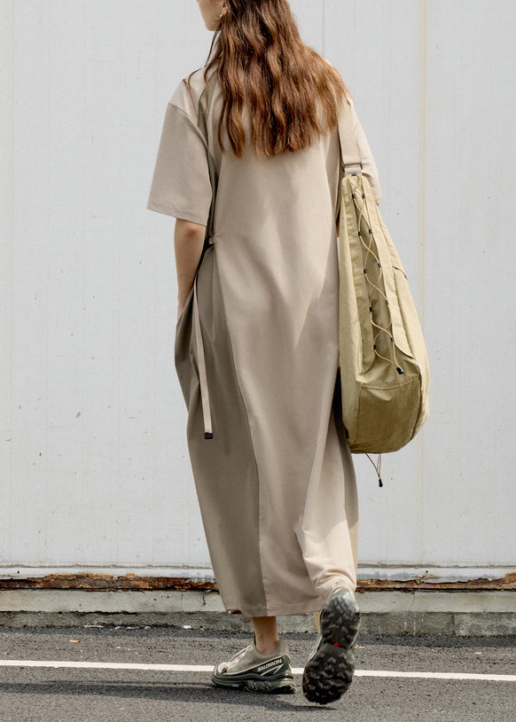 Fashion Khaki Stand Collar Pockets Patchwork Cotton Dress Summer