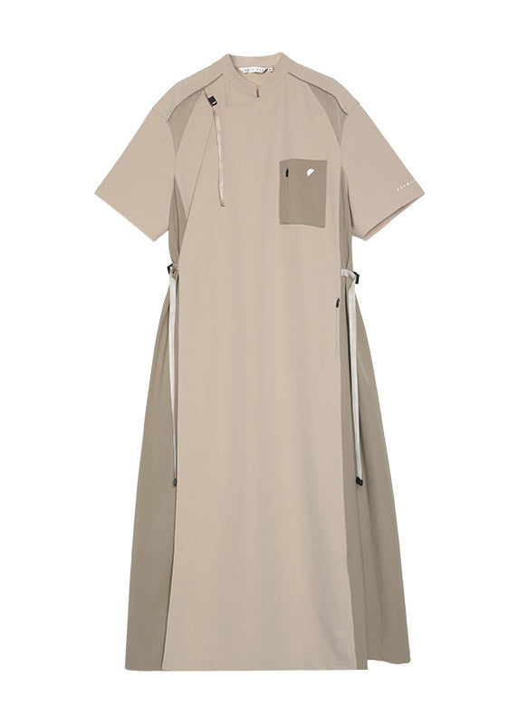 Fashion Khaki Stand Collar Pockets Patchwork Cotton Dress Summer