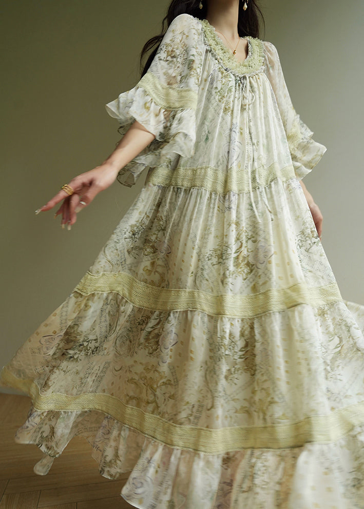 Fashion Light Green Ruffled Print Wrinkled Maxi Dress Short Sleeve