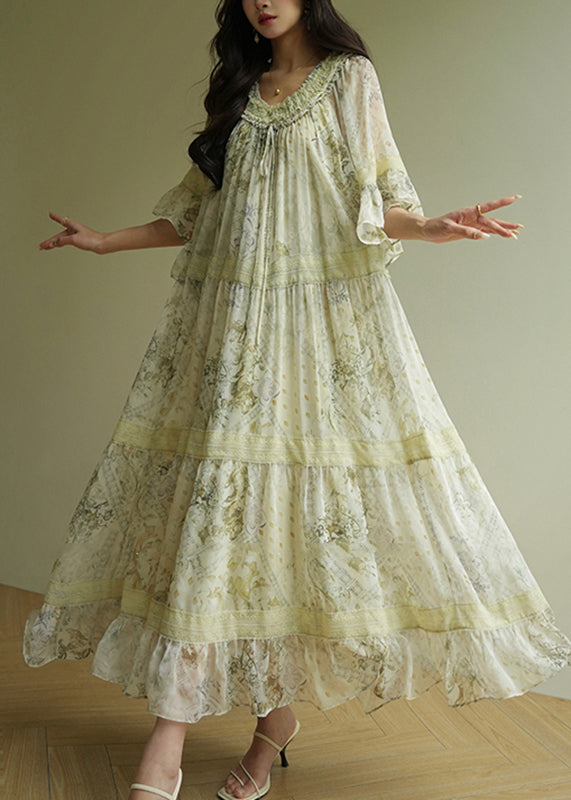 Fashion Light Green Ruffled Print Wrinkled Maxi Dress Short Sleeve