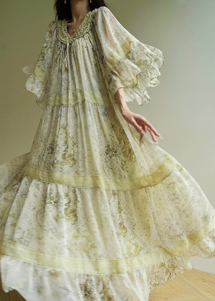 Fashion Light Green Ruffled Print Wrinkled Maxi Dress Short Sleeve