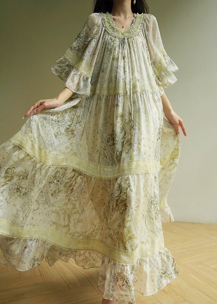 Fashion Light Green Ruffled Print Wrinkled Maxi Dress Short Sleeve