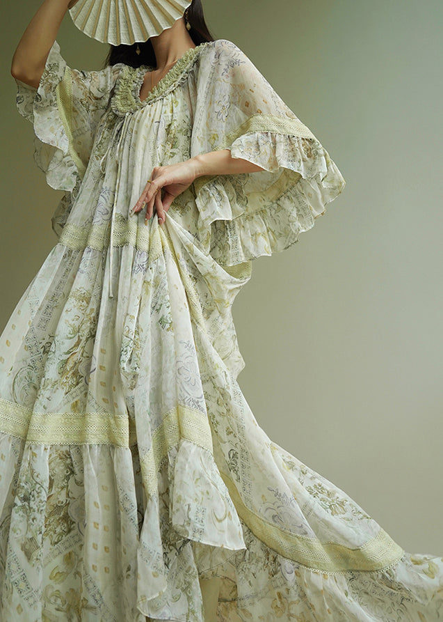 Fashion Light Green Ruffled Print Wrinkled Maxi Dress Short Sleeve