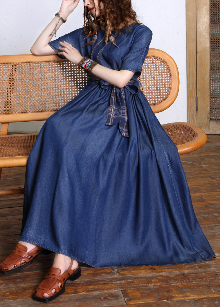 Fashion Navy O-Neck Bow Tie Waist Silk Cotton Denim Maxi Dresses Short – Omychic