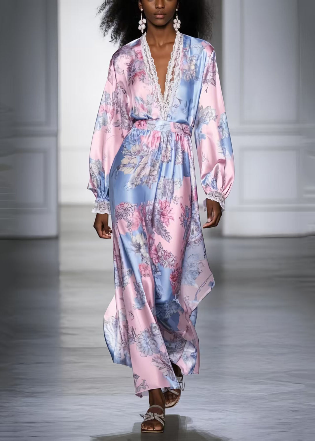 Fashion Pink V Neck Print Silk Vacation Dresses Spring