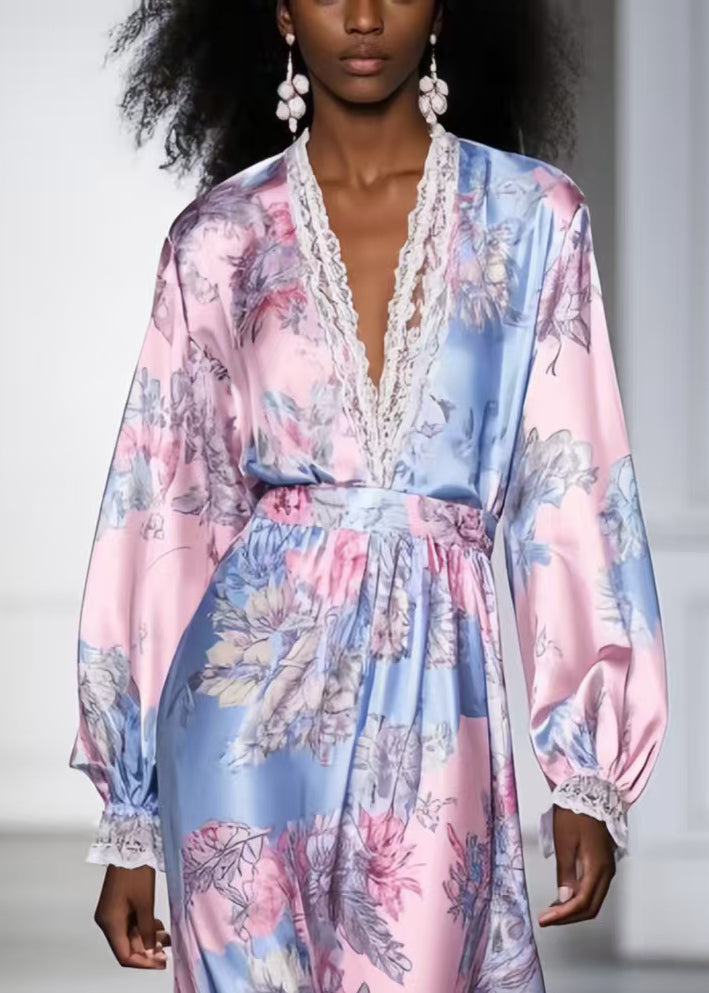 Fashion Pink V Neck Print Silk Vacation Dresses Spring