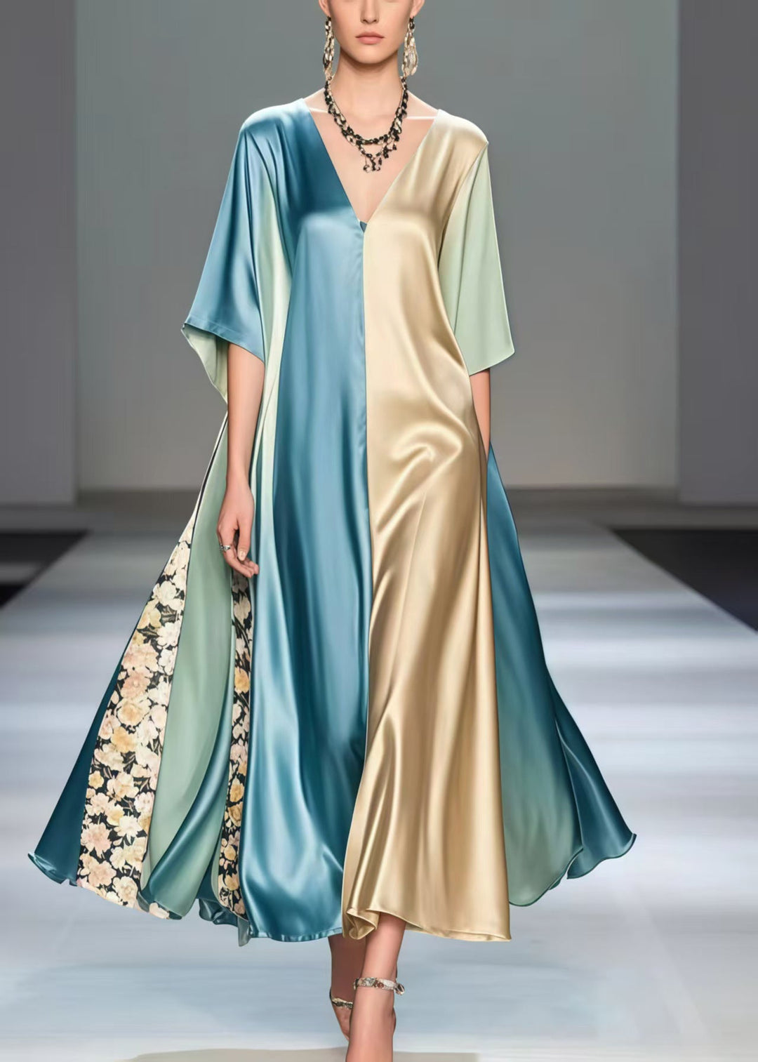 Fashion Polychrome Asymmetrical Patchwork Silk Robe Dresses Summer