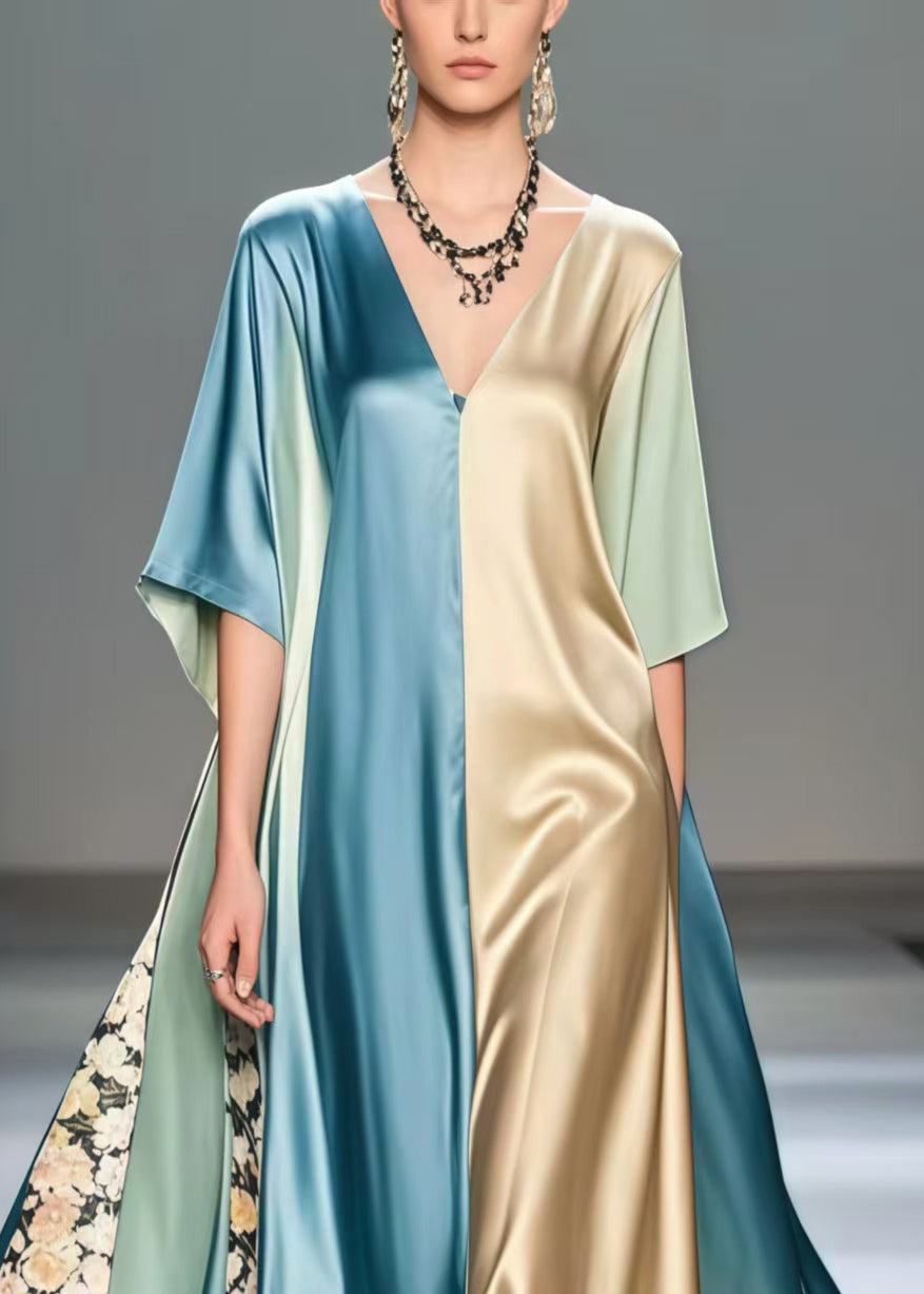 Fashion Polychrome Asymmetrical Patchwork Silk Robe Dresses Summer