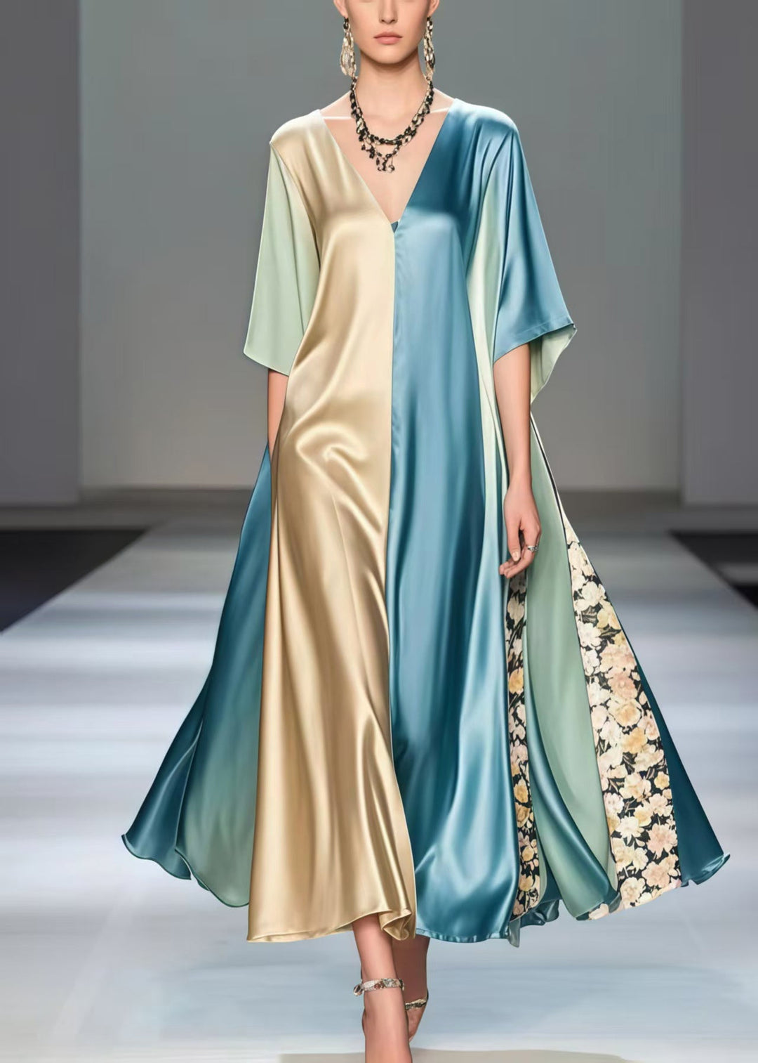 Fashion Polychrome Asymmetrical Patchwork Silk Robe Dresses Summer