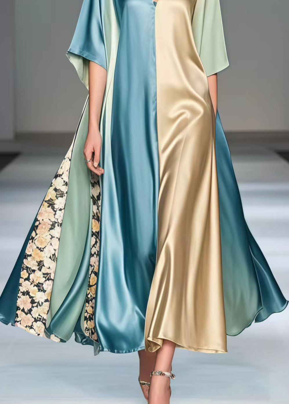 Fashion Polychrome Asymmetrical Patchwork Silk Robe Dresses Summer