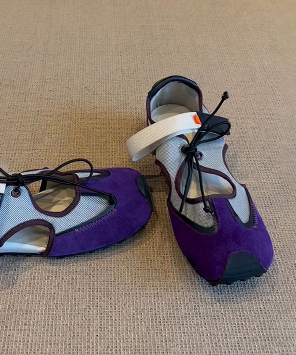 Fashion Purple Hollow Out Lace Up Splicing Flat Shoes For Women