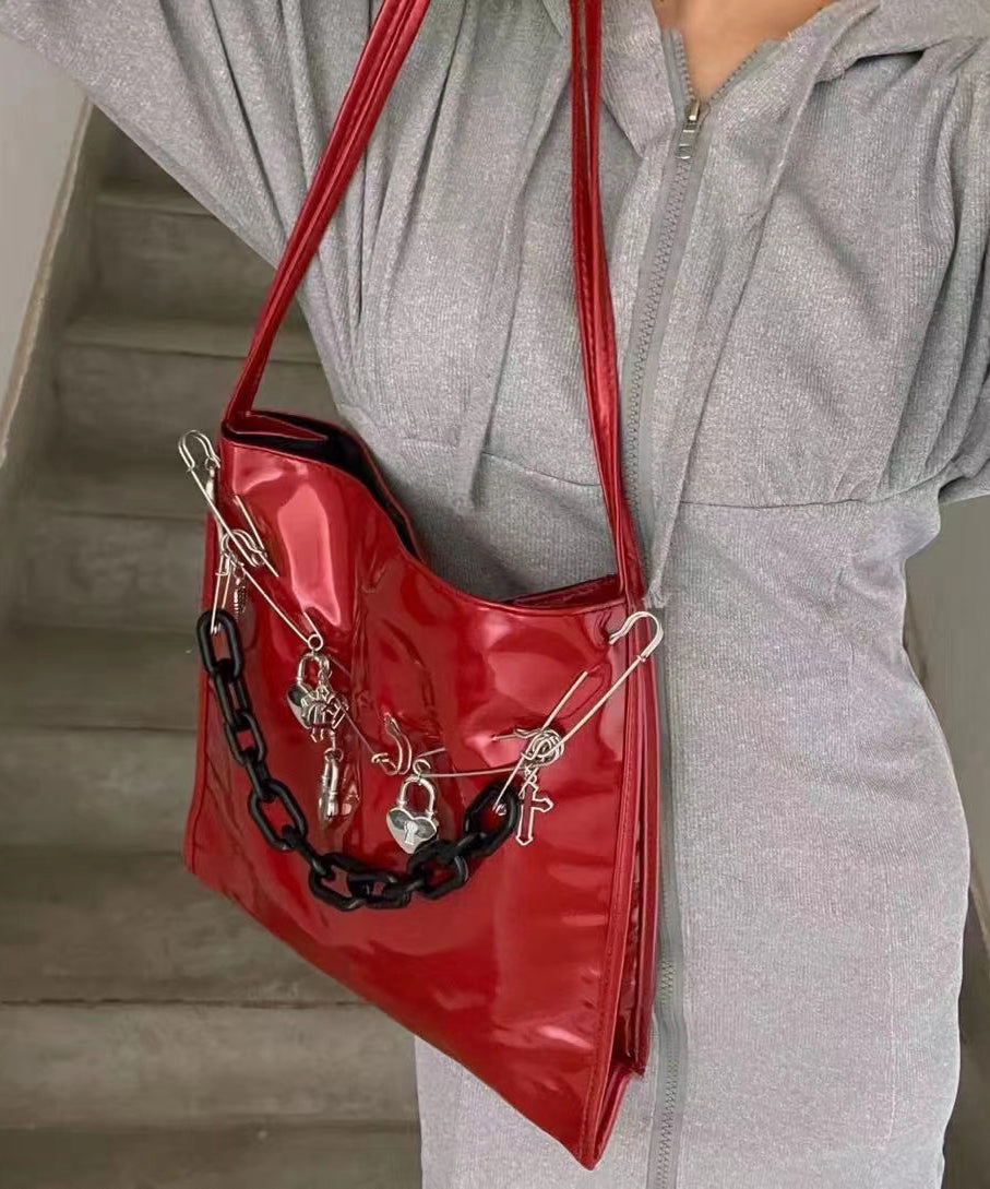 Fashion Red Large Capacity Chain Linked Faux Leather Shoulder Bags