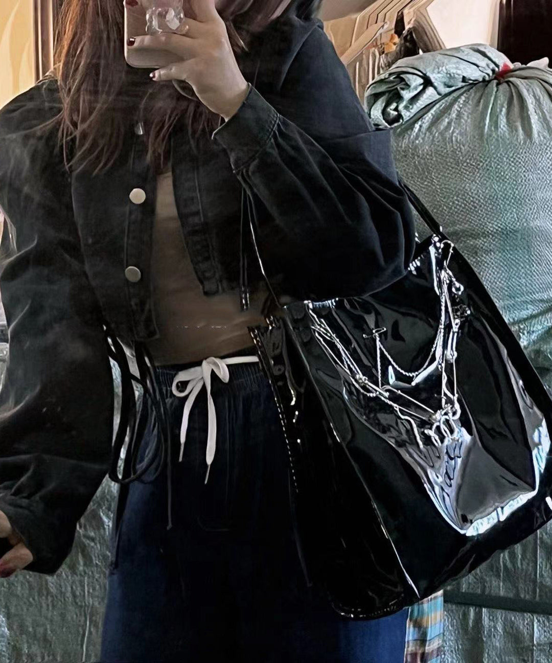 Fashion Red Large Capacity Chain Linked Faux Leather Shoulder Bags