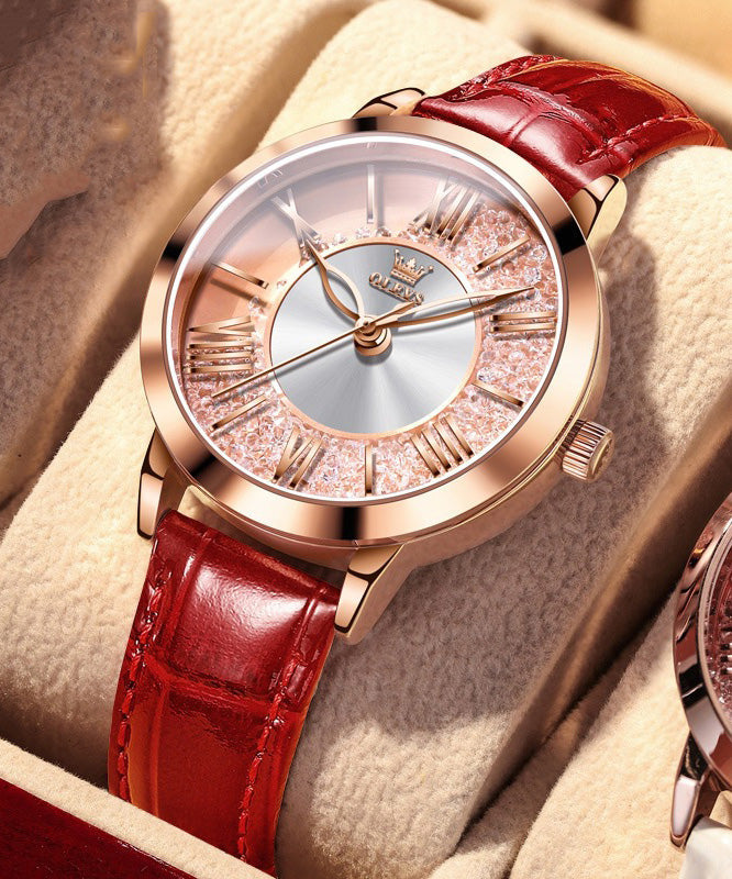 Fashion Red Leather Overgild Zircon Quartz Movement Waterproof Leather Watch