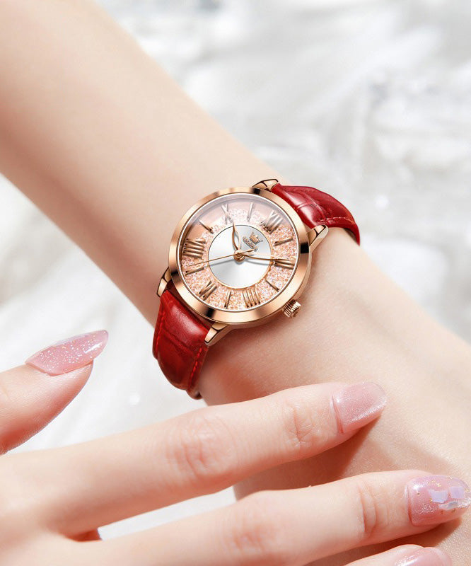 Fashion Red Leather Overgild Zircon Quartz Movement Waterproof Leather Watch
