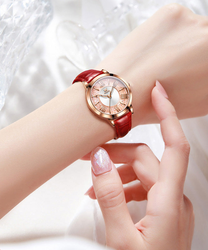 Fashion Red Leather Overgild Zircon Quartz Movement Waterproof Leather Watch