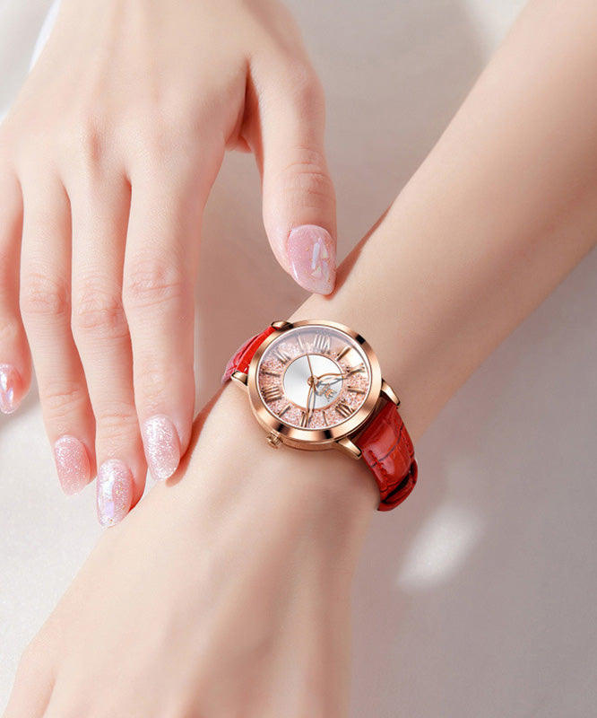 Fashion Red Leather Overgild Zircon Quartz Movement Waterproof Leather Watch