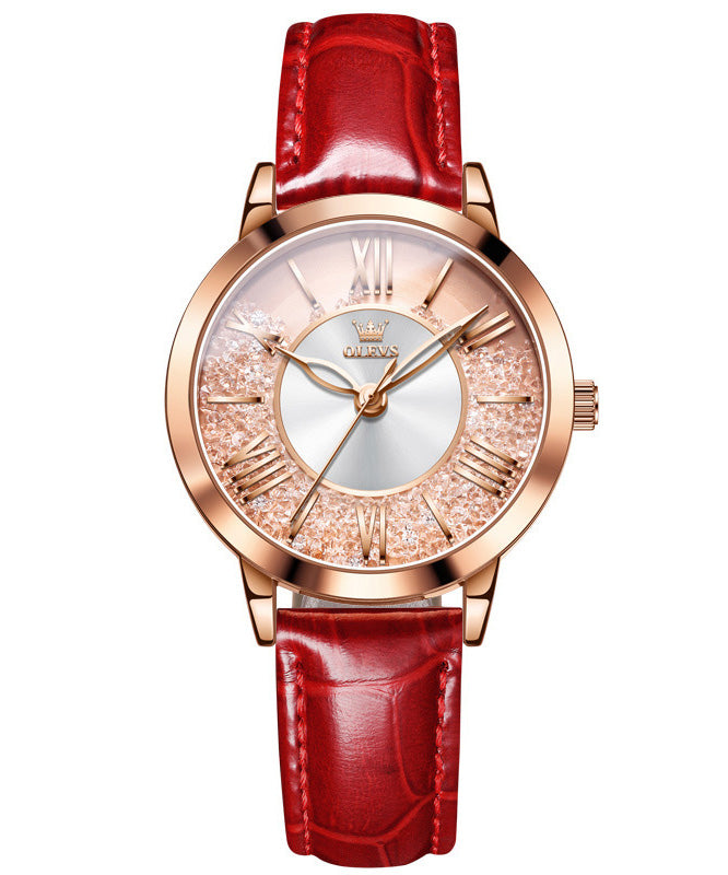 Fashion Red Leather Overgild Zircon Quartz Movement Waterproof Leather Watch