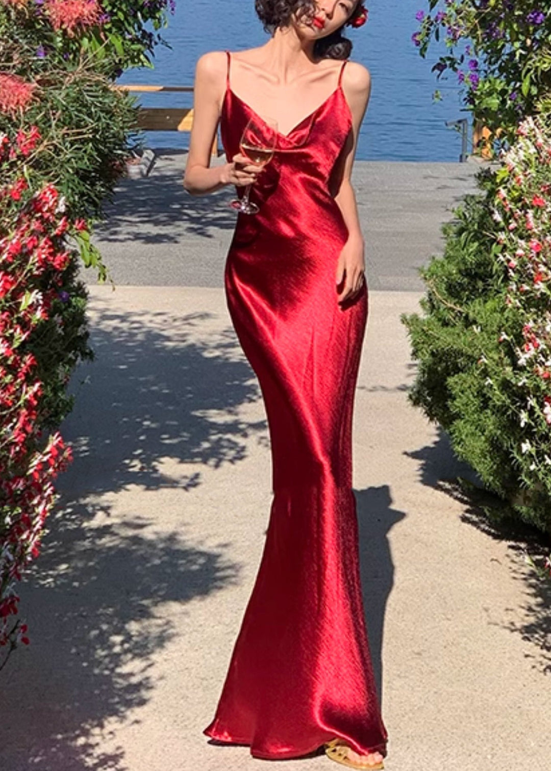 Fashion Red V Neck Solid Silk Long Spaghetti Strap Dress Summer