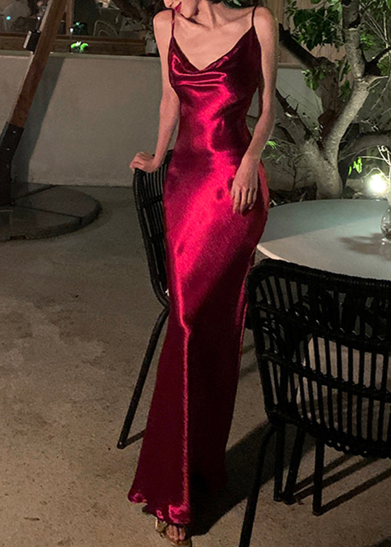 Fashion Red V Neck Solid Silk Long Spaghetti Strap Dress Summer