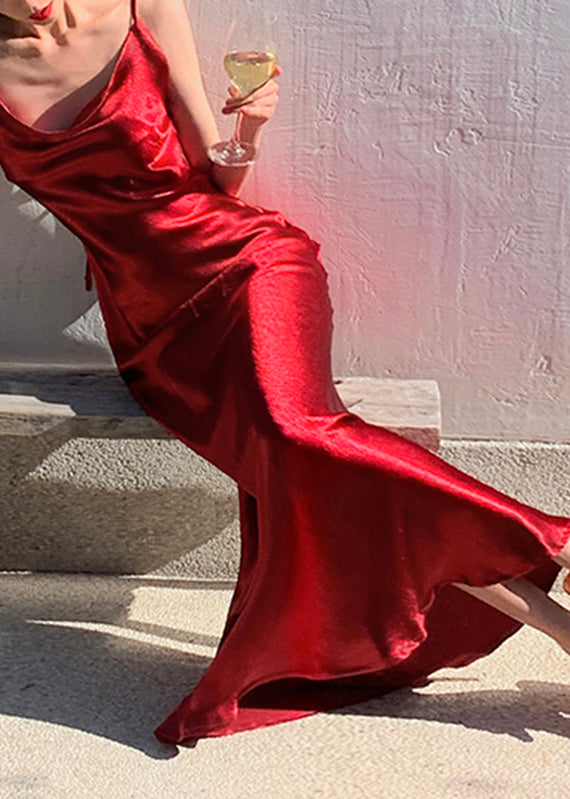 Fashion Red V Neck Solid Silk Long Spaghetti Strap Dress Summer