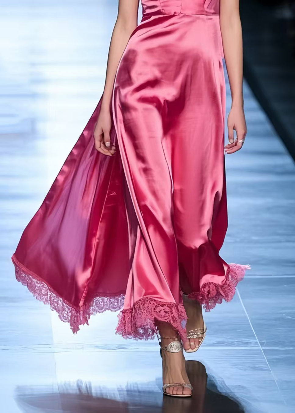 Fashion Rose Exra Large Hem Patchwork Lace Silk Halter Dress Summer