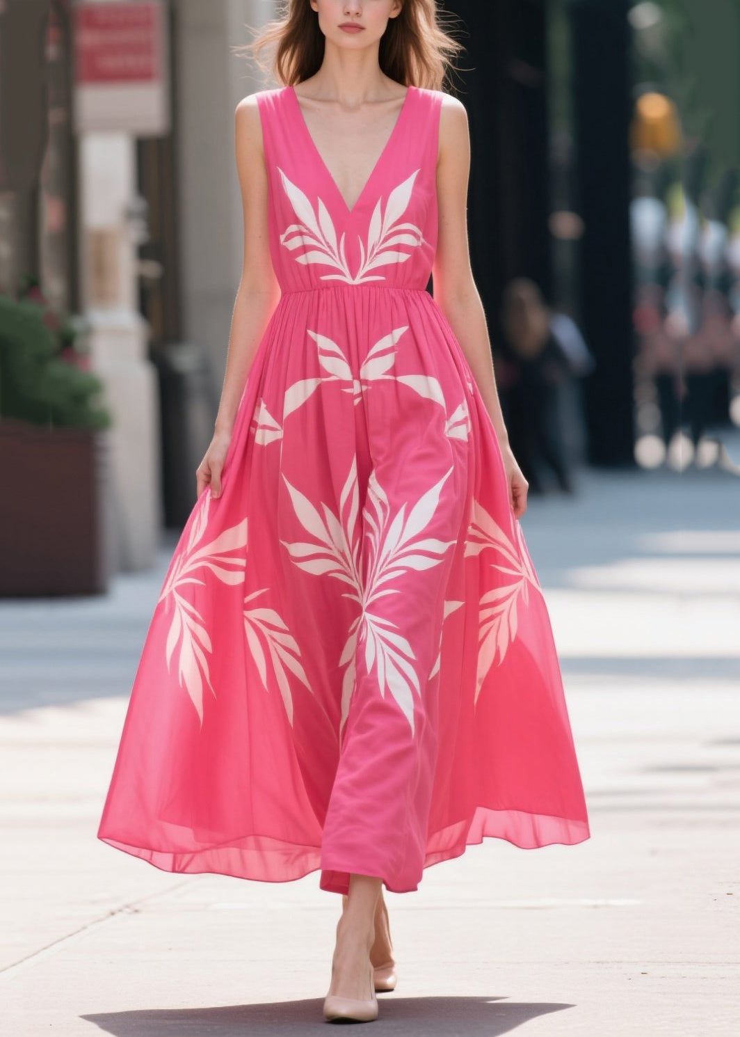 Fashion Rose Oversized Print Chiffon Maxi Dress Summer