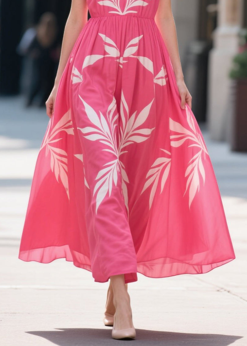 Fashion Rose Oversized Print Chiffon Maxi Dress Summer