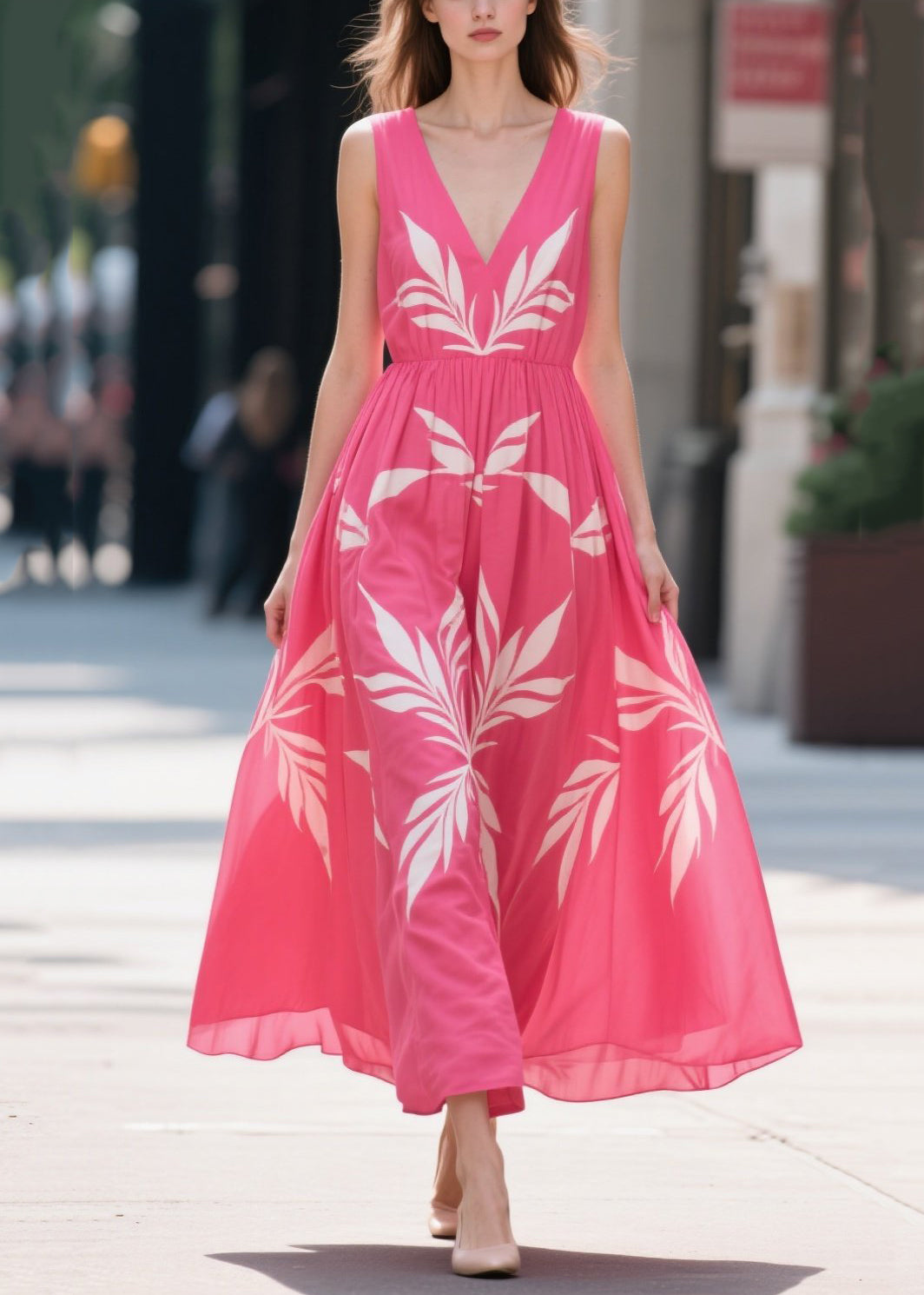 Fashion Rose Oversized Print Chiffon Maxi Dress Summer