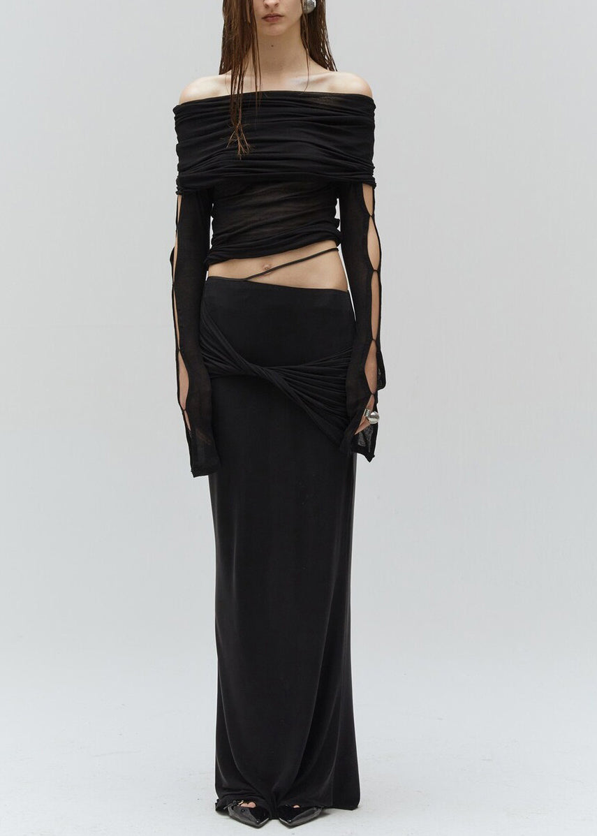 Fashion Sexy Black Hollow Out Cotton Two Pieces Set Fall