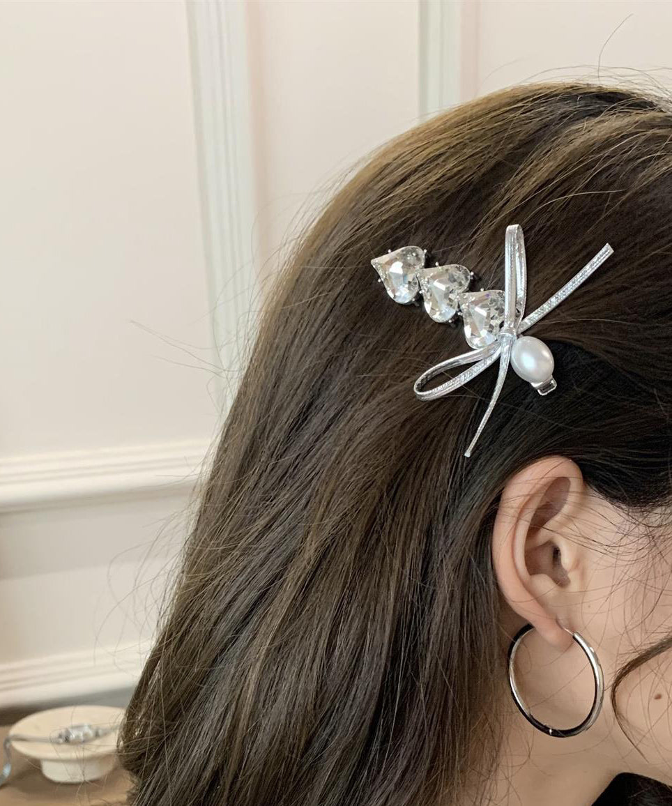 Fashion Silk Alloy Zircon Love Crystal Pearl Bow Hairpin