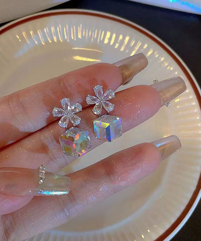 Fashion Sterling Silver Sugar Cube Crystal Drop Earrings