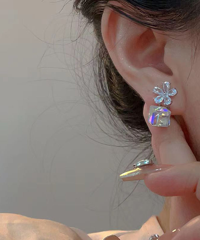 Fashion Sterling Silver Sugar Cube Crystal Drop Earrings
