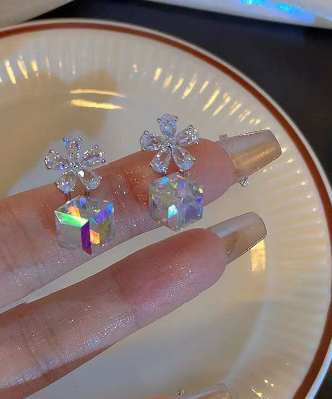 Fashion Sterling Silver Sugar Cube Crystal Drop Earrings
