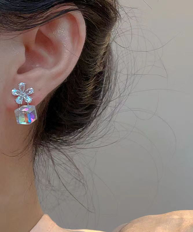 Fashion Sterling Silver Sugar Cube Crystal Drop Earrings